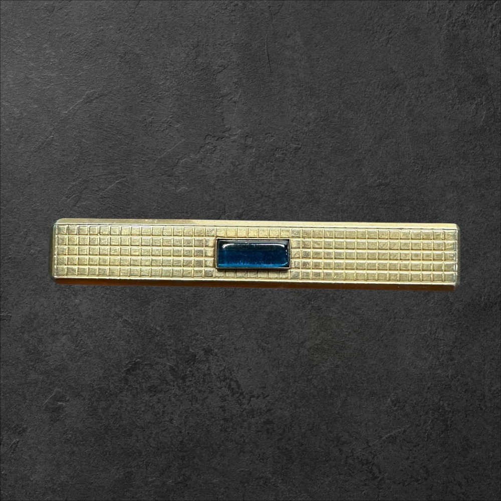 Swank Tie Clip Gold Tone w/Blue Glass Cabochon Vintage Grid Textured MCM‎